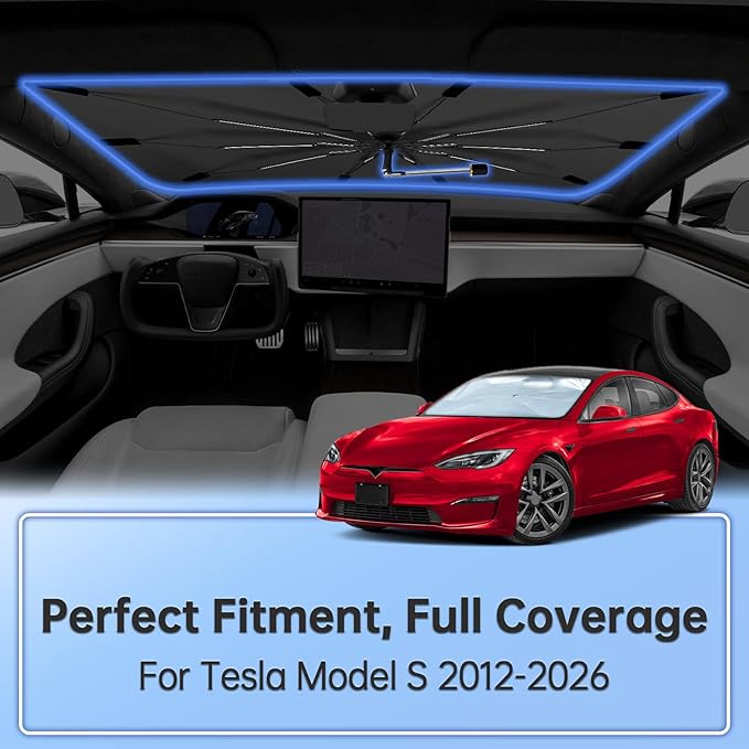 Windshield Sun Shade Umbrella fit for Tesla Model S 2012-2026, Foldable Sunshade for Car Front Window, 360 Rotation Automotive Interior UV Protection for Outdoor Parking, Keep Car Cool