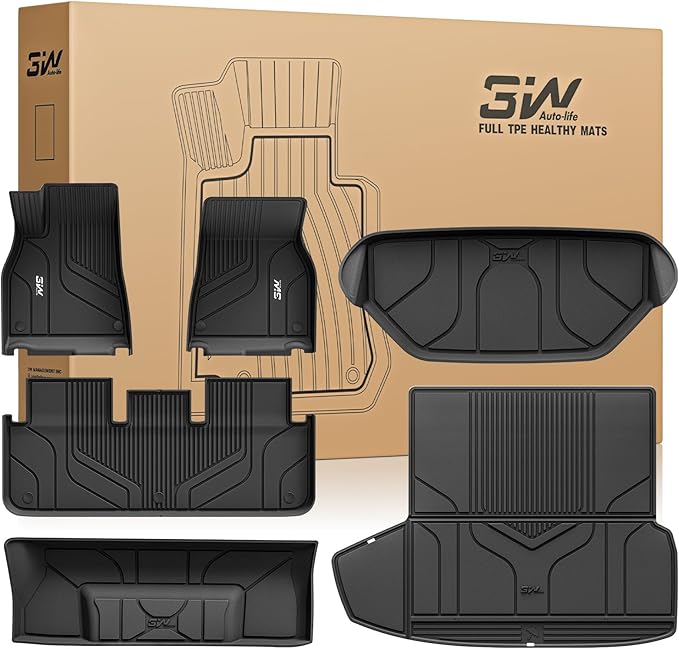 3W Floor Mats & Cargo Liner Fit for Tesla Model S 2021-2025 All Weather TPE Custom Fit Floor Liners for 1-3 Rows and Trunk Full Set Car Mats Black