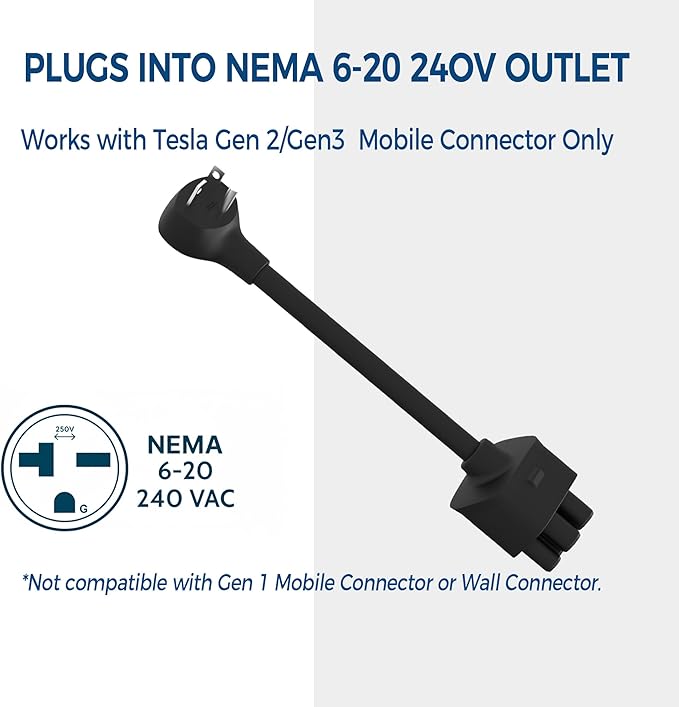 Premium Adapter for Tesla Gen 2/Gen3 Mobile Charger | Connect to 240V Outlet | 16 Amp Charging | 10 Inch Length (NEMA 6-20)