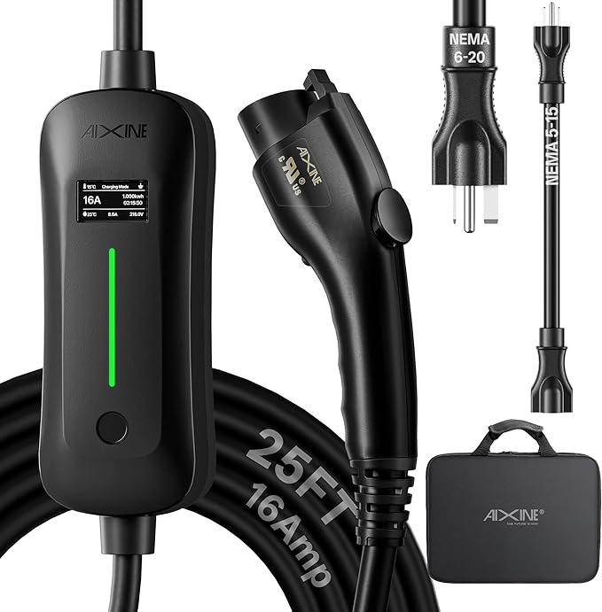 Level 1&2 EV Charger,J1772 16A EV Charger with 25FT Extension Cord Cable,Portable Electric Car Charger 240V NEMA 6-20 Plug&120V NEMA 5-15 Adapter for All SAE J1772