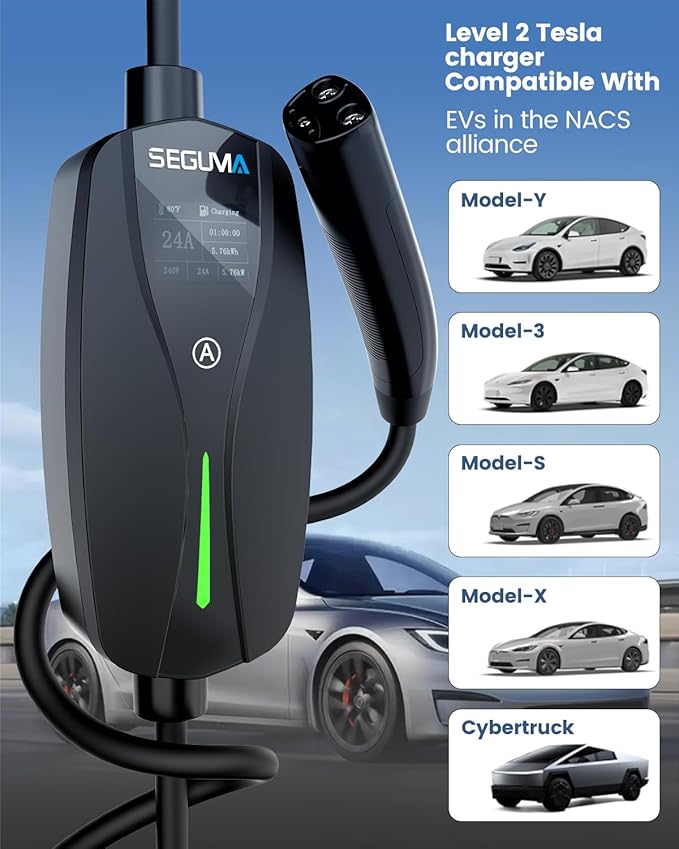SEGUMA Level 2 Tesla Charger-24Amp 240V, NEMA 14-30 Plug, 25FT Extension Cable, Adjustable Current (10-24A)-Portable Home Mobile EV Charger for Model Y/X/3/S/Cybertruck, Fit 4-Prong Dryer Outlet