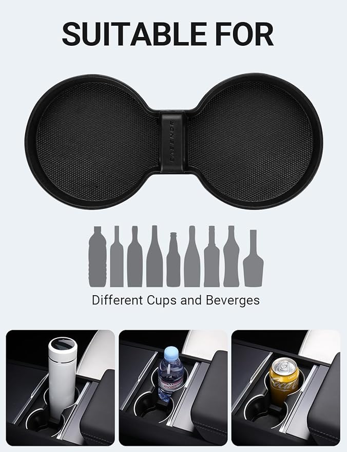 BASENOR Cup Holder Insert Mat for 2026 2025 Tesla Model Y Juniper 2024 2025 2026 Tesla Model 3 Highland TPE Cup Holder Coaster Center Console Mat Tesla Accessories (Standard/Premium/Performance)