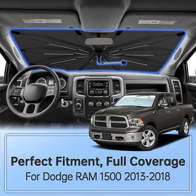 Windshield Sun Shade Umbrella for Dodge RAM 1500/2500 2013-2026, Foldable Sunshade for Car Front Window, 360 Rotation Automotive Interior UV Protection for Outdoor Parking, Keep Car Cool