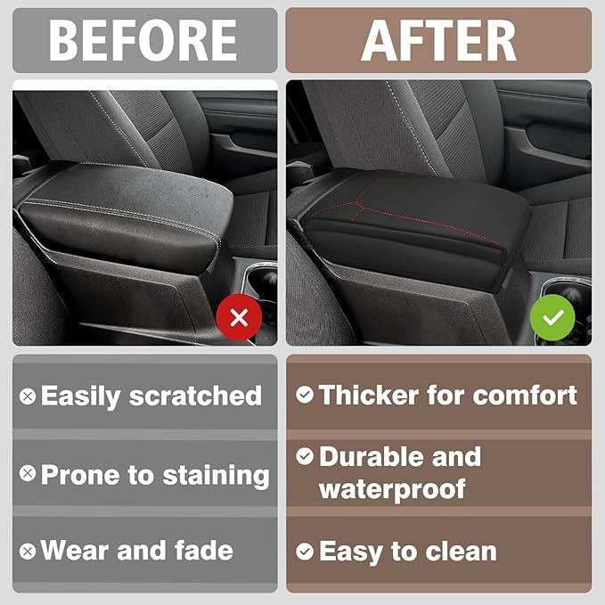 Muslogy Center Console Armrest Cover Fit for Chevrolet Colorado/GMC Canyon 2023-2026 Accessories, Comfort Armrest Pad Console Lid Cushion Vegan Leather 1-Inch Extra Thick(Red Stitching)