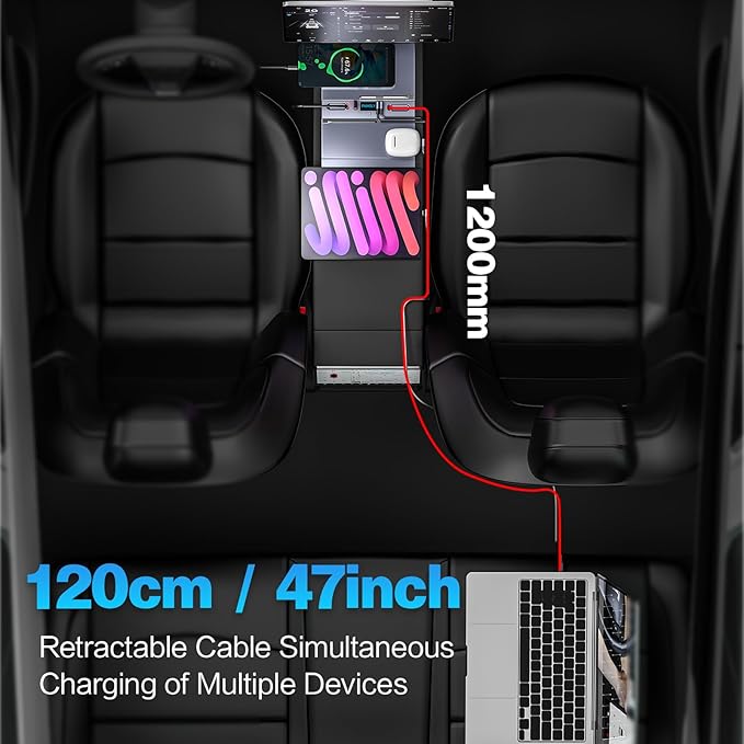 Car Charger Hub for Tesla Model Y Juniper 2025 2026 /Model 3 Highland 2024 2025, Retractable Cable Fast Car Phone Charger,Center Console Accessories