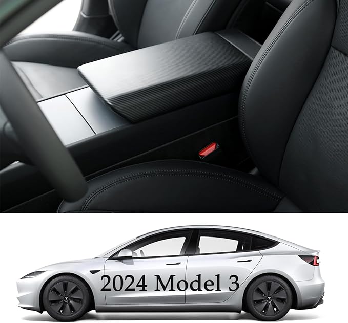 Car Center Console Armrest Cover for Tesla Model Y Juniper 2025 2026 & Tesla Model 3 Highland 2024-2026 Interior Accessories, Non‑Slip EZ Snap‑On Installation (Matte Carbon Fiber Pattern)