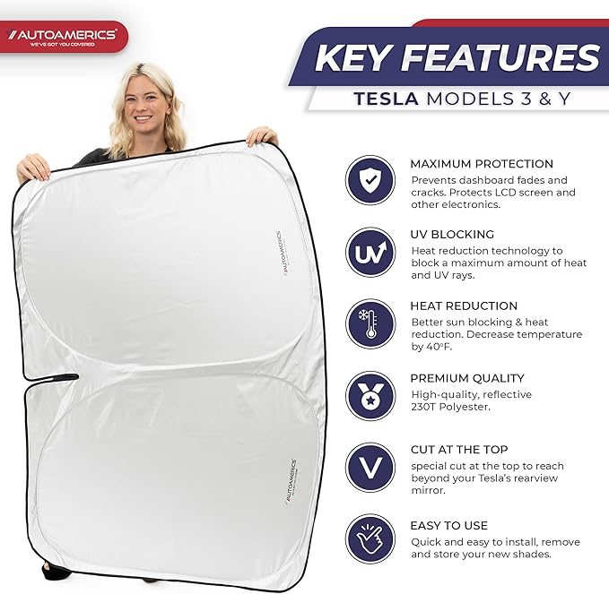 Autoamerics 1-Piece Tesla Model Y Sunshade & 3 Sunshade - Special Design for Model Y & 3 Windshield - Foldable Lightweight M3 Sun Shield - 2023 Tesla Y/3 Accessories