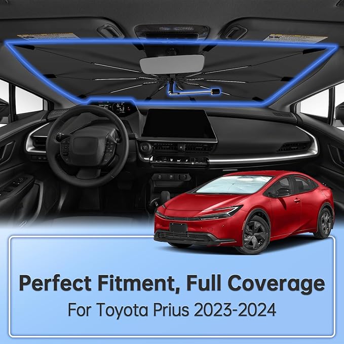 Windshield Sun Shade Umbrella for Toyota Prius 2023-2024, Foldable Sunshade for Car Front Window, 360 Rotation Automotive Interior UV Protection for Outdoor Parking, Keep Car Cool