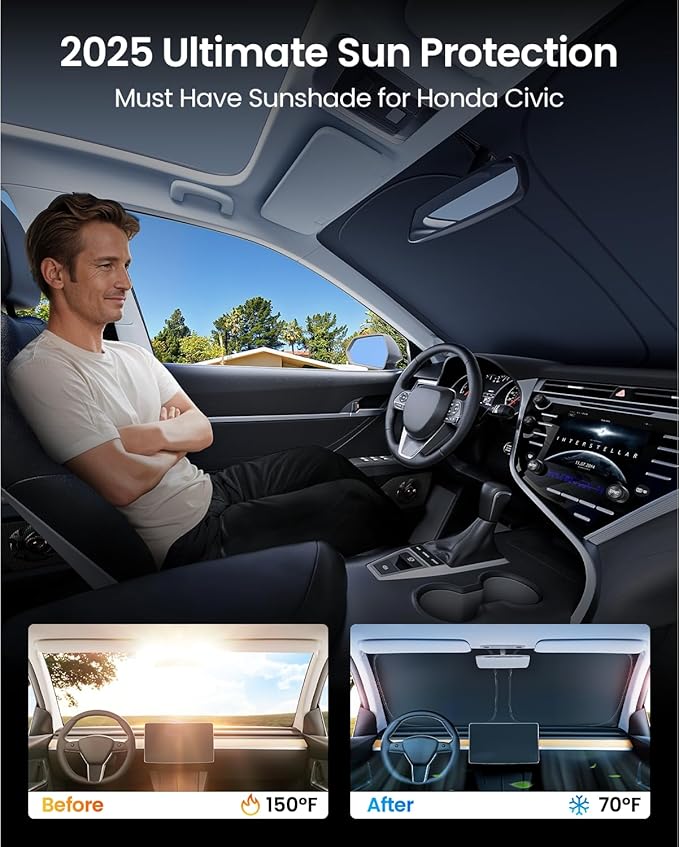 REEVAA 2025 Upgraded Windshield Sun Shade for Honda Civic 2022-2025 [Tailored Fit, 99% Sun Protection] Protect Interior & Keep Cool, Foldable Sunshade Car Accessories with Storage Bag
