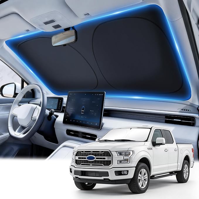 JUSTTOP Windshield Sun Shade for 2015-2025 Ford F150 Accessories | Sun Visor for Front Windshield & Window Sun Shade Cover | 300T Upgraded Heat & UV Reflective Sunshade for Car Windshield