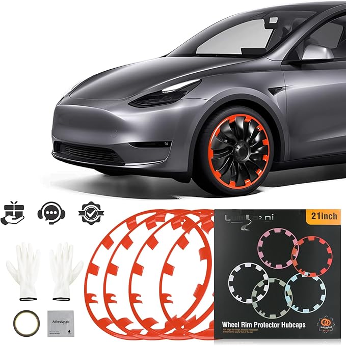 Wheel Rim Protect for Tesla Model Y 21" (2020-2024), Easy-Install Hubcaps Wheel Cover, Scratch-Resistant Car Tire Trim Rings, Stylish Design for Induction Wheels, Tangerine 4Pcs Model Y Accessories