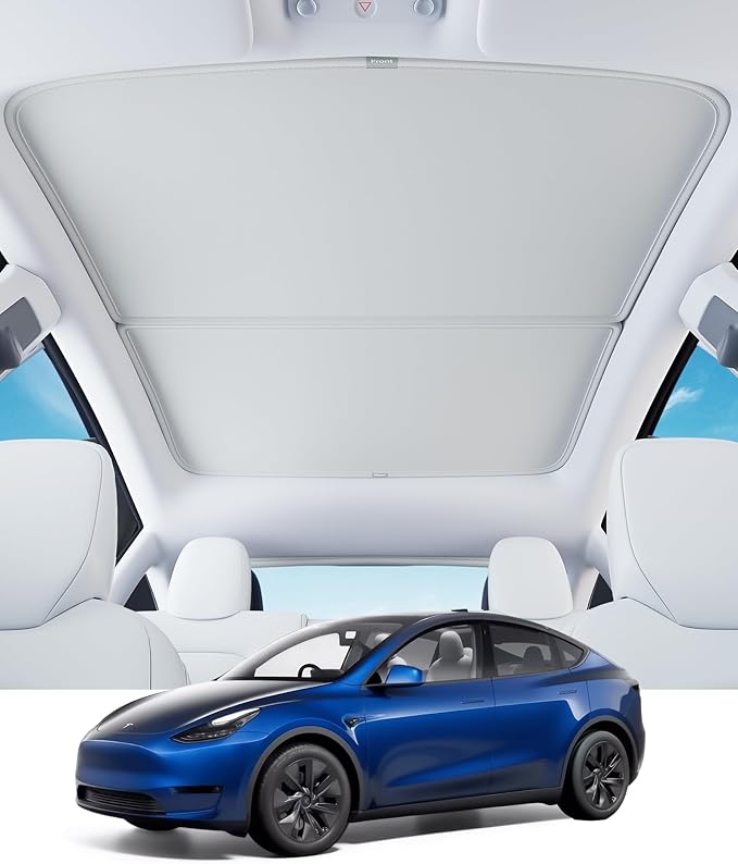 Upgraded Magnetic Sunshade for Tesla Model Y 2020-2025, Honeycomb Nano-Ceramic Ice Film Roof Sunshade, 100% Blackout Thermal Barrier, No Sagging & Anti-Wrinkle, 2-Piece Set, Blue