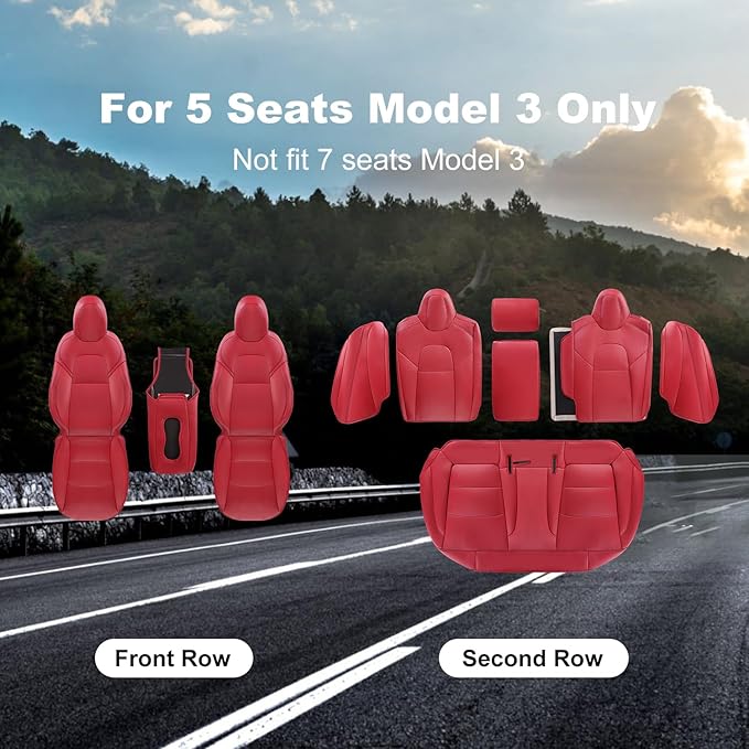 Tesla Model 3 Car Seat Covers Nappa Leather Car Interior Seat Airbag Compatible Cushion Cover Full Set Custom Fit 2023 2022 2021 2020 2019 2018, Nappa Wine Red