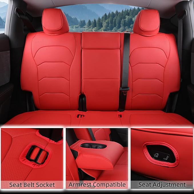 Tesla Model Y Seat Covers 2025 2026 Full Coverage Nappa Leather Car Seat Cover Interior Full Set Accessories Airbag Compatible Cushion Cover Custom Fit(Red,5-Seater)
