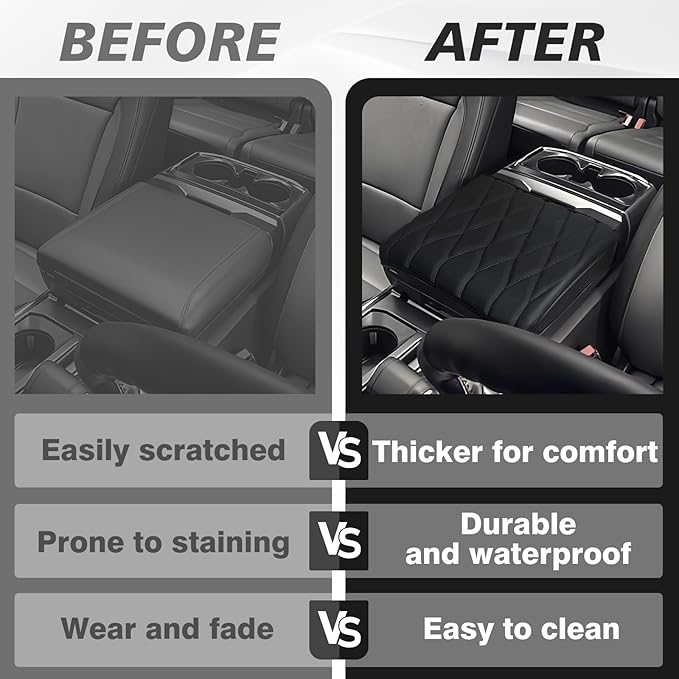 Muslogy Center Console Armrest Cover Fit for Ford F-150 F150 2021-2025 2026 Accessories, Comfort Armrest Pad Console Lid Cushion Vegan Leather Regular Thick(WorkSurface ONLY)