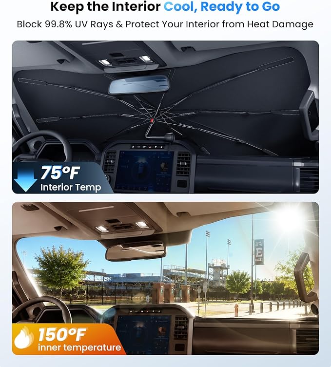 Zanch 2026 Upgraded Windshield Sun Shade Umbrella: Custom Fit for Ford F150 F250 F350 2015-2025 Front Window Sunshade, Block UV Rays & Keep Car Cool, 1:1 Scan for F150/250/350, No Gaps & No Scratches.