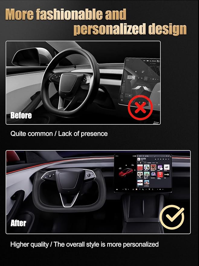ZIMABLUE Yoke Steering Wheel For Tesla Model 3 Highland Accessories 2024 2025, Black Nappa Leather with Matte Side Carbon Fiber for Tesla Model 3 Highland 2024-2025 With Heating Function