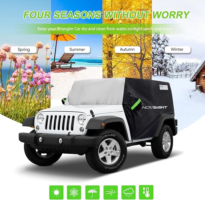 NOVSIGHT Cab Cover for Jeep Wrangler 4 Doors - 2007-2025 CJ, TJ, JK, JL, All Weather Half Car Covers for Wrangler 4 Door with 3 Straps Anti-UV Windproof Rain-Proof Auto Cover with Storage Bag