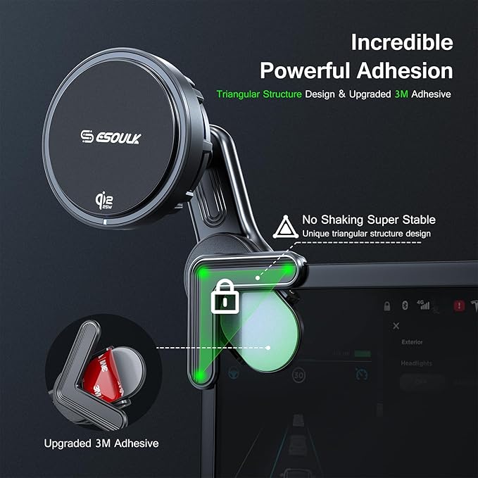 Esoulk Qi2-Certified 25W Fast Wireless Phone Charger, Magnetic Phone Mount Charger with Cooling Fan, Wireless Phone Charger, Magnetic Car Phone Holder for Tesla Model S 3 X Y, iPhone 17/16/15/14/13/12