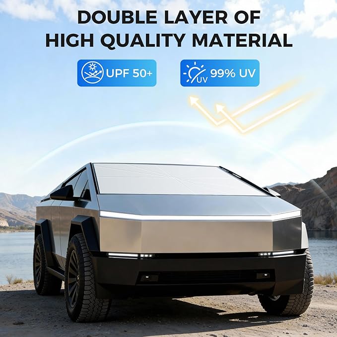 2026 Upgrade Windshield Sunshade Umbrella for Tesla Cybertruck, Thickened Titanium Silver, Protect Car from Sun Rays & Heat Damage Keep Cool, Protect Interior 54''x 60''x 61''