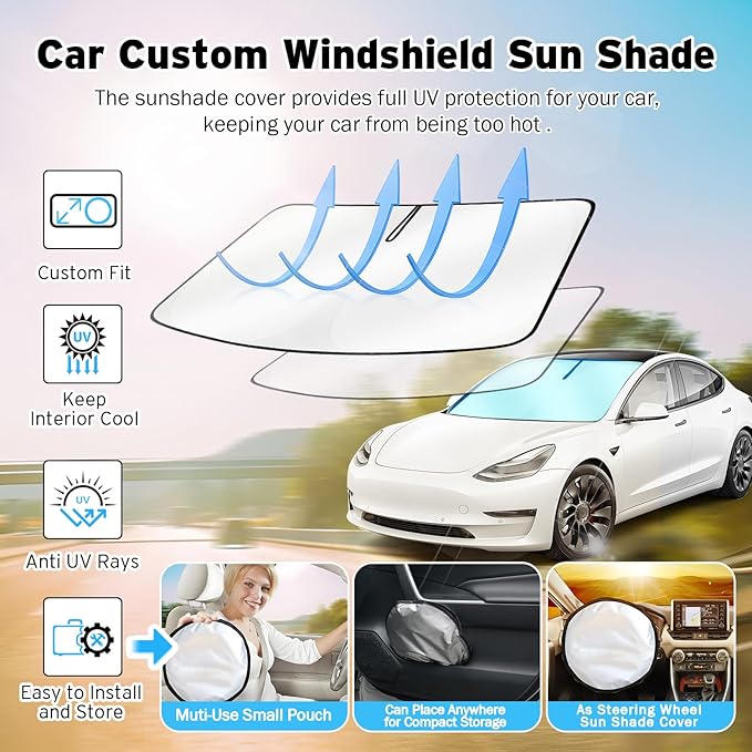 Windshield Sun Shade for 2017-2025 2026 Tesla Model 3/2020-2025 2026 Model Y, Upgraded Nano Materials Front Window Shade Cover for Model Y Juniper, Foldable Sunshade for Model 3 Highland