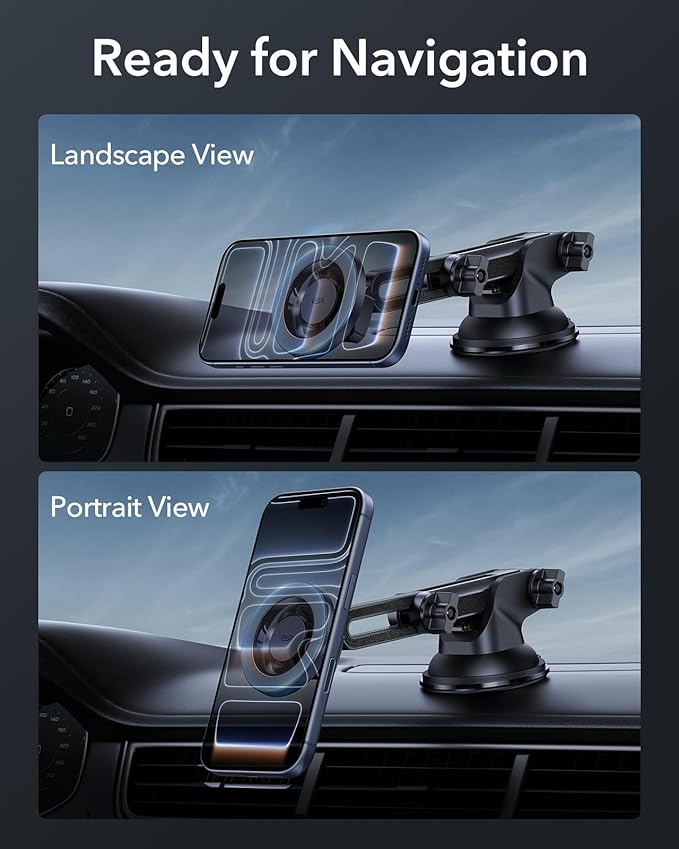ESR Dashboard Magnetic Phone Holder for Car, for MagSafe Car Mount, Windshield Vacuum Car Mount for iPhone 17/16/16e/15/14/13/12, Samsung, Pixel 10, Charging Not Supported, 2 Metal Rings Included