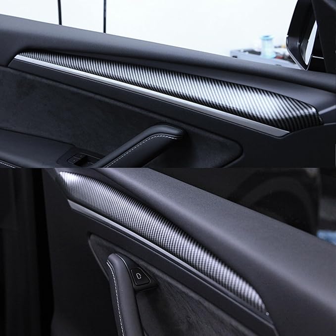 for Tesla Model Y (2019-2024) Model 3 (2021-2023) Dash Wrap Front Door Trim ABS Dashboard Cover Cap Interior Decoration Wrap Kit Compatible Whit Accessories 4Pcs(Matte Carbon Fiber Pattern)