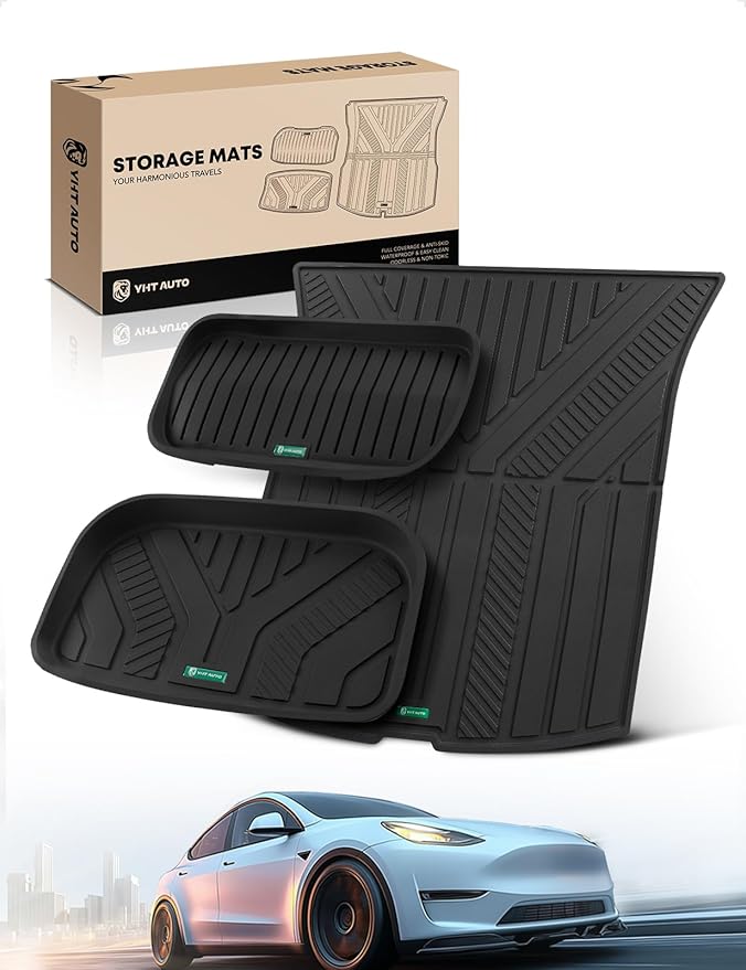 YHTAUTO Cargo Liners Compatible with Tesla Model Y Juniper 2025 2026, TPE Floor Liners All Weather Custom Fit, Frunk Mat & Cargo Trunk Mat & Lower Storage Mat, Set of 3, Black