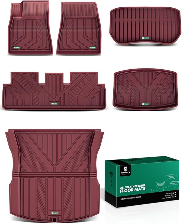 YHTAUTO Custom Fit Red Floor Mats for 2024 2025 Tesla Model 3 Highland, All Weather TPE Car Mats Carpet, Front Rear Trunk Cargo Liner, Rear Storage Liner Mats, Anti-Slip Waterproof Orderless, Set of 6
