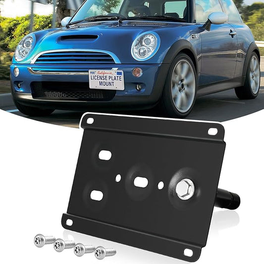 License Plate Holder Front License Plate Bracket No Drill Tow Hook Mount Anti-Theft License Plate Frame Compatible with Mini Cooper R50 R52 R53 R55 R56 R57 R58 R59 2002-2014