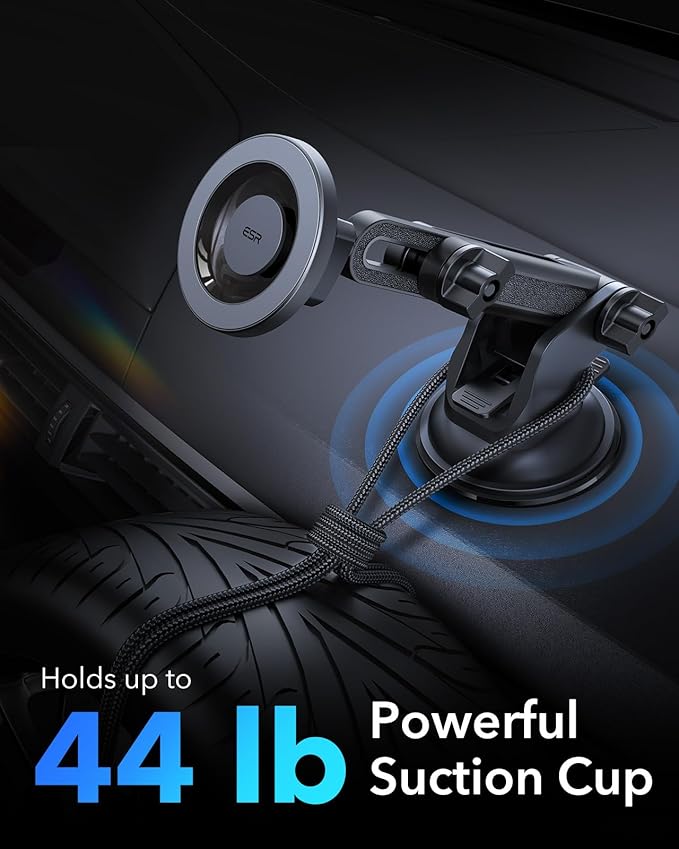 ESR Dashboard Magnetic Phone Holder for Car, for MagSafe Car Mount, Windshield Vacuum Car Mount for iPhone 17/16/16e/15/14/13/12, Samsung, Pixel 10, Charging Not Supported, 2 Metal Rings Included