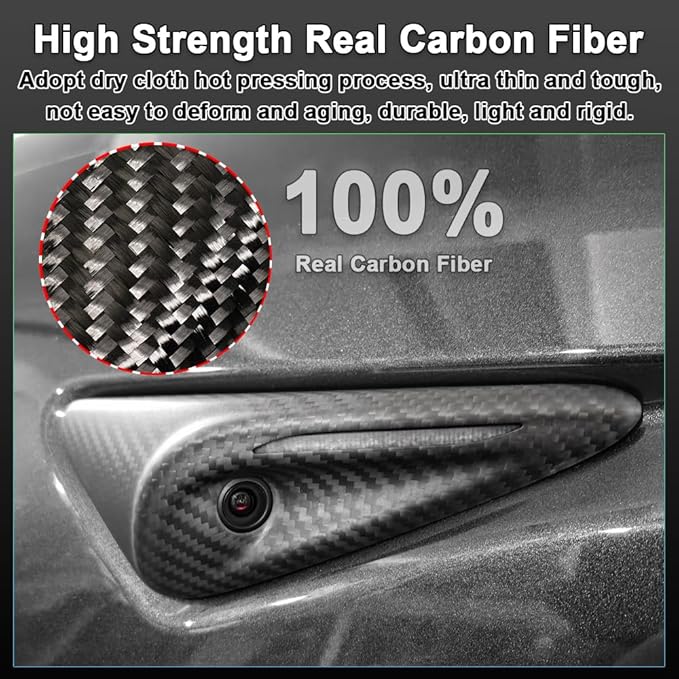 Carbar Real Carbon Fiber Side Camera Cover for Tesla Model 3 2024 Highland 2025 Model Y Juniper HW4.0 Turn Signal Full Protection Accessories (2PCS Black Matte Carbon Fiber Full Cover)