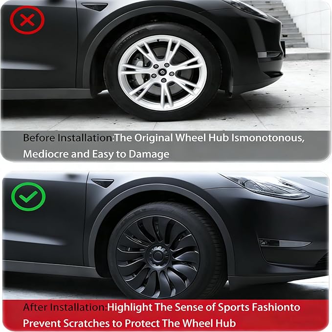 KAVANIC 4PCS Wheel Covers Fits for Tesla Model Y 19 Inch Matte Black Support Long Range Logo Symmetry Design Uberturbine Style fits for Model Y Gemini 2020-2024 Hubcaps Replacement (RWD/AWD)
