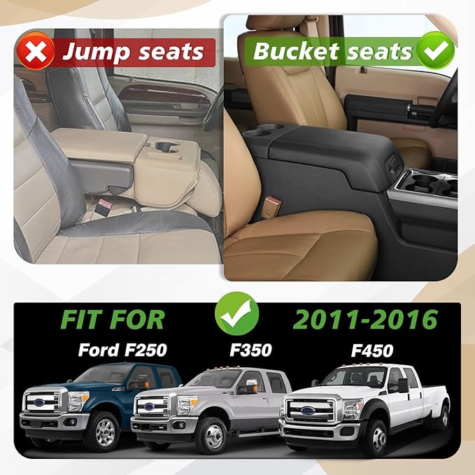 Muslogy Center Console Armrest Cover Fit for Ford F250 F350 F450 2011-2016 Super Duty Accessories, Comfort Armrest Pad Console Lid Cushion Vegan Leather Regular Thick(Bucket Seat ONLY)