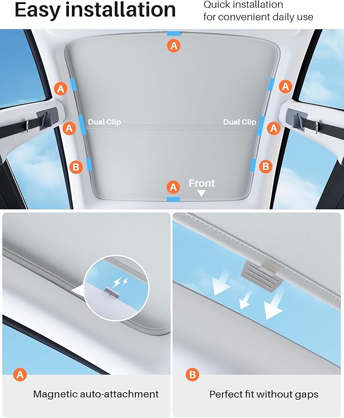 Tesla Model Y Glass Roof Sunshade 2020-2025, Advanced Nano Ice-Film Honeycomb Technology, Magnetic Easy Install Heat Shield, Superior IR Blocking, Zero Sag, High-Elasticity Anti-Wrinkle Fabric, Silver