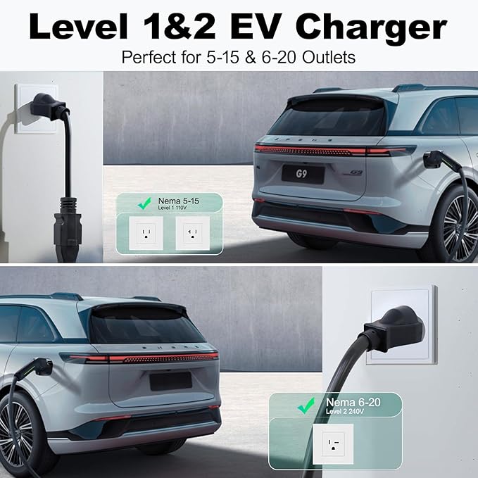 Level 1/2 EV Charger 16Amp, Electric Vehicle Portable Charger with 28FT Cable, 3.5KW Home EV Charging Station for J1772 Electric Cars,110V-240V, NEMA 6-20 & NEMA 5-15 Plug