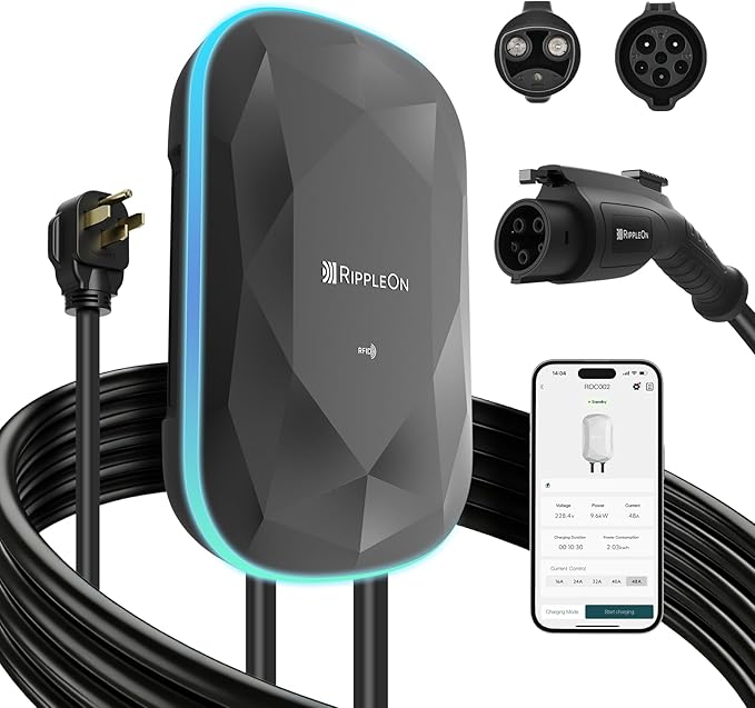 RIPPLEON Level 2 EV Charger - Dual Plug Type Universal Wall Connector Nema Plug-in - Compatible for All North American EVs - 40Amps 240V Tesla Wall Charger, UL, FCC, Energy Star Certified Black
