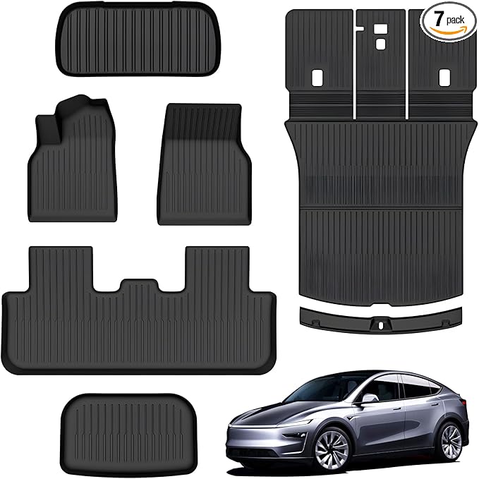 Floor Mats for Tesla Model Y Juniper 2025, Set of 7 Mats All Weather TPE Waterproof Anti-Slip Front & Rear Trunk Mats Cargo Liners Rear Door Sill Cover, Custom Fit for Tesla 5-Seater