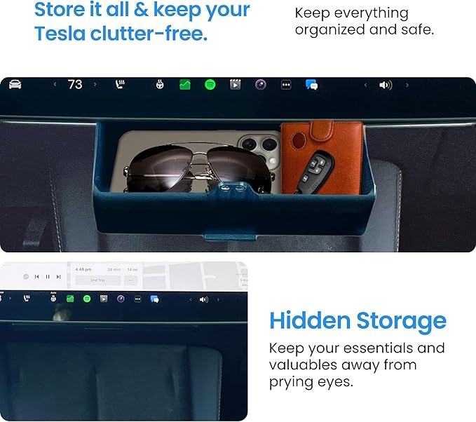 Hidden Under Screen Storage Box for Tesla Model 3 2019~2023 and 2024 and Earlier Model Y - Closeable Tesla Center Console Organizer - Perfect for Sunglasses, Mobile Phone and Key Cards