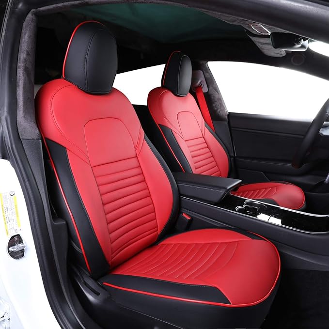 EKR Model S Seat Covers Custom Fit for Tesla Model S 2017 2018 2019 2020,(Front Adjustable Headrests, Rear Full Side Coverage),Leather Truck Seat Cover Full Set for SUV,Faux Leather(Black/Red)