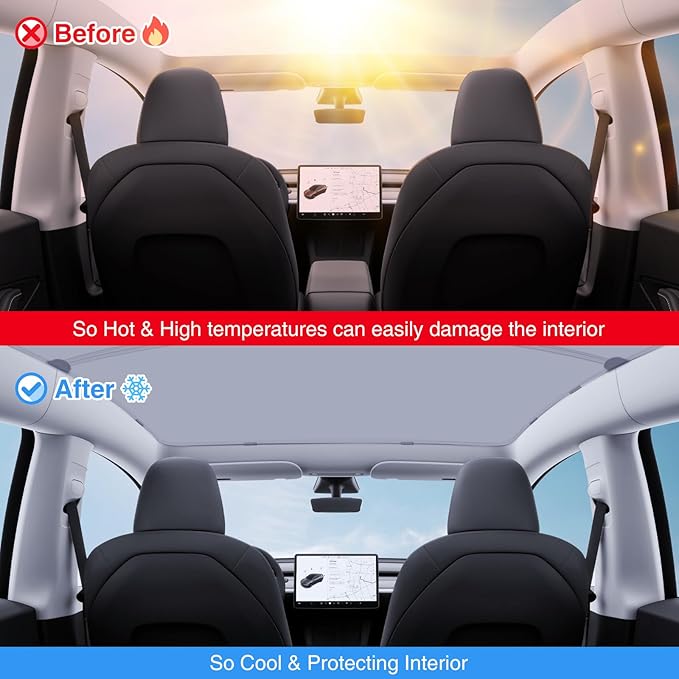 Tesla Model Y Sunshade Roof Nano Ice-Crystal Coatings Blocks of UV Buckle Fixing No-Sag No Gaps Portable Foldable Sunshade for Model Y 2020-2024 Gray Sunshade