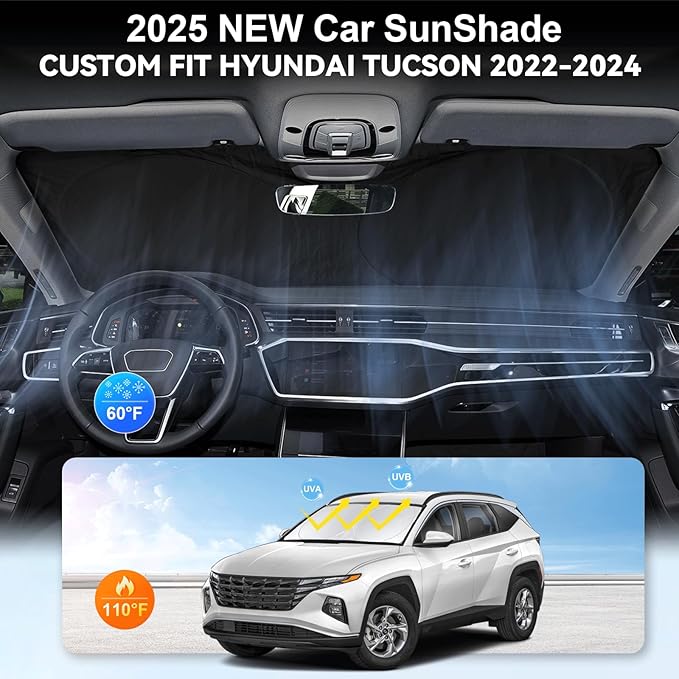 Custom Fit Tucson Windshield Sunshade for Hyundai Tucson 2022-2026 Front Window Retractable Shades Cover for Windshield Sun Visor Protector 210T Reflector Blocks UV Rays Cooler Car Accessories