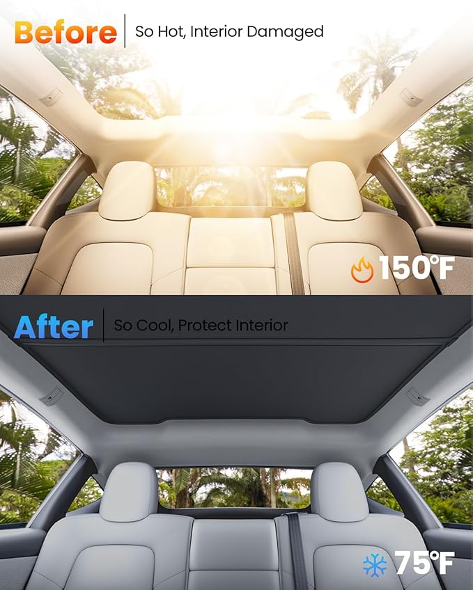 REEVAA Upgraded Tesla Model Y New (Juniper) Sunshade Roof [No Gaps, No-Sagging] Tesla Y Accessories Heat Insulation Foldable Glass Sunroof Cover for Model Y Juniper 2025-2026, 2PCS, Black
