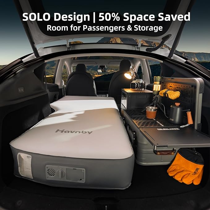 Havnby FlatCore Backseat Solo Mattress for Tesla Model Y, Wedge Design & 6.7-Inch Solid Foam for Flat Car Bed, Portable Camping Mattress w/Built-in Pump for Campers, Hiking, Nap, Road Trip