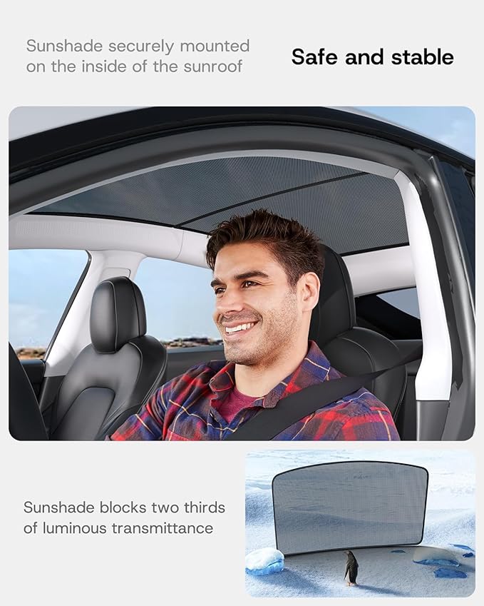 Upgraded Sunshade Roof for Tesla Model Y 2020-2024, [Mesh Fabric& No-Sag & Magnetic Design] Heat Insulation Class Roof Sun Shade for Tesla Model Y Accessories, Black, 2PCS