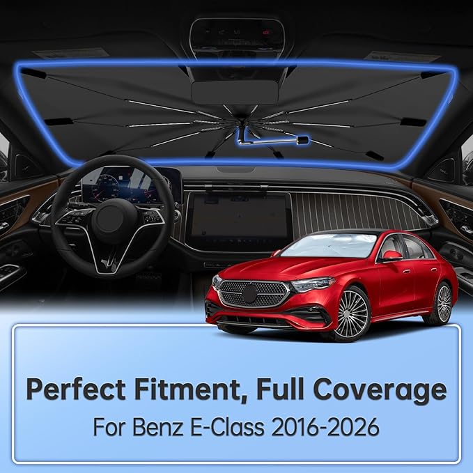 Windshield Sun Shade Umbrella for Benz E-Class 2016-2026, Foldable Sunshade for Car Front Window, 360 Rotation Automotive Interior UV Protection for Outdoor Parking, Keep Car Cool