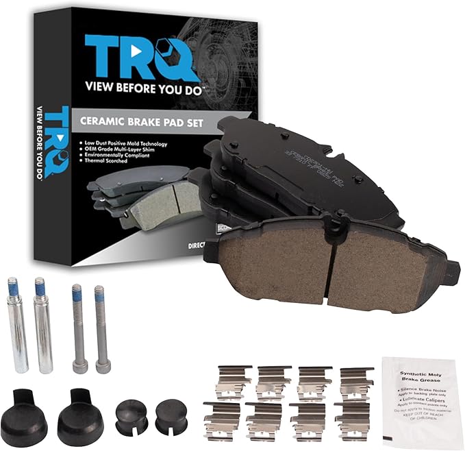 TRQ Front Ceramic Brake Pad Set Includes Hardware and Contact Point Grease Compatible with 20-23 Ford Transit-150 Transit-250 with Heavy Duty Front Axle Models