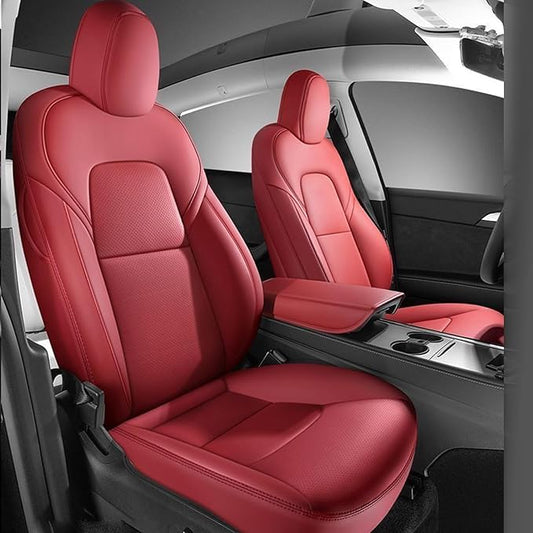 HKZ Custom Fit Model Y Leather Seat Covers for Tesla Model Y 2019 2020 2021 2022 2023 2024,5-Seat Full Set,Car Seat Protector - Burgundy