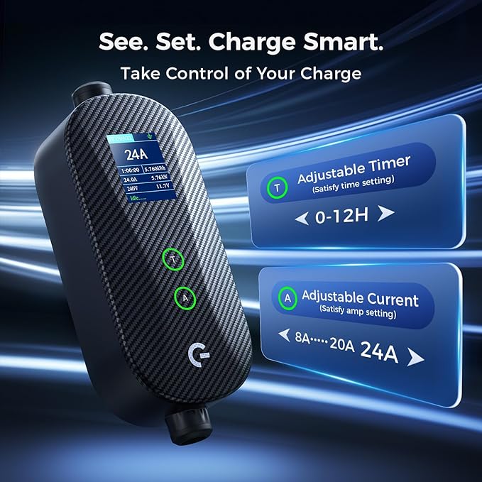 Carbon Fiber Level 2 EV Charger, 24A Adjustable Current/Timer/Smart Display, NEMA 14-30 Dryer Outlet & 14-50 Plug, 21FT EV Charging Cable, J1772 Connector for SEA J1772 EVs/PHEVs
