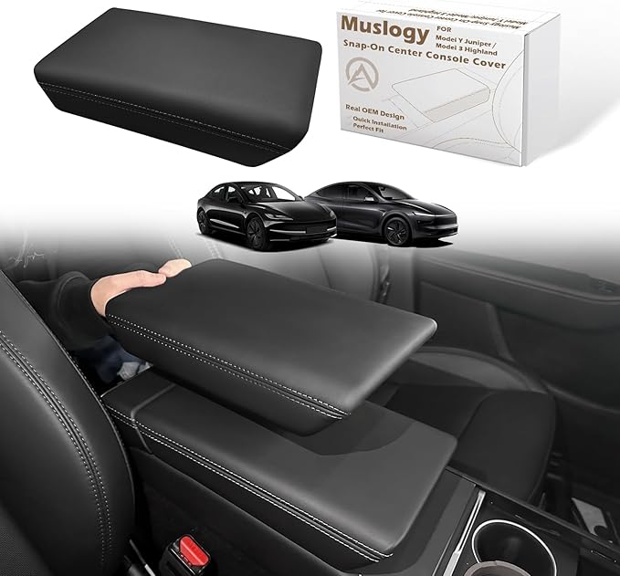 Muslogy Center Console Armrest Cover Fit for Tesla Model Y Juniper 2026+ / Model 3 Highland 2024+ Accessories, Comfort Armrest Pad Console Lid Cushion Vegan Leather Snap-On Black (Hard Cover)